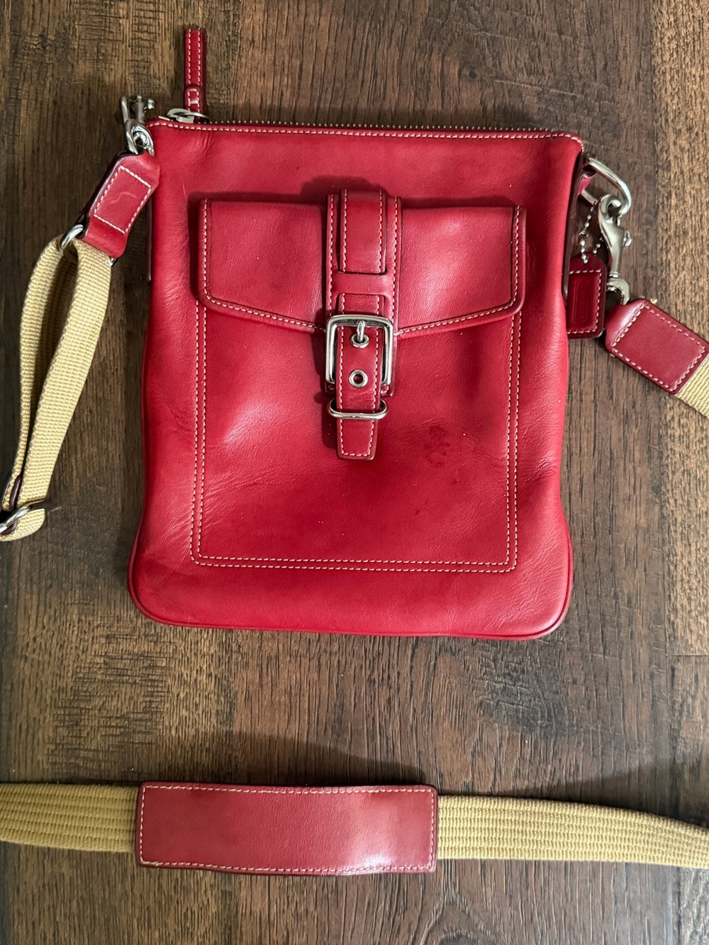 Coach Red Leather Crossbody Bag with Khaki Webbing Strap